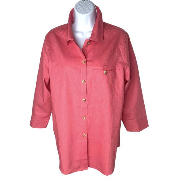 Liz Baker Blouse Size Large Shirt Women Petite Pink 3/4 Sleeve Button Up Pocket - Picture 1 of 12